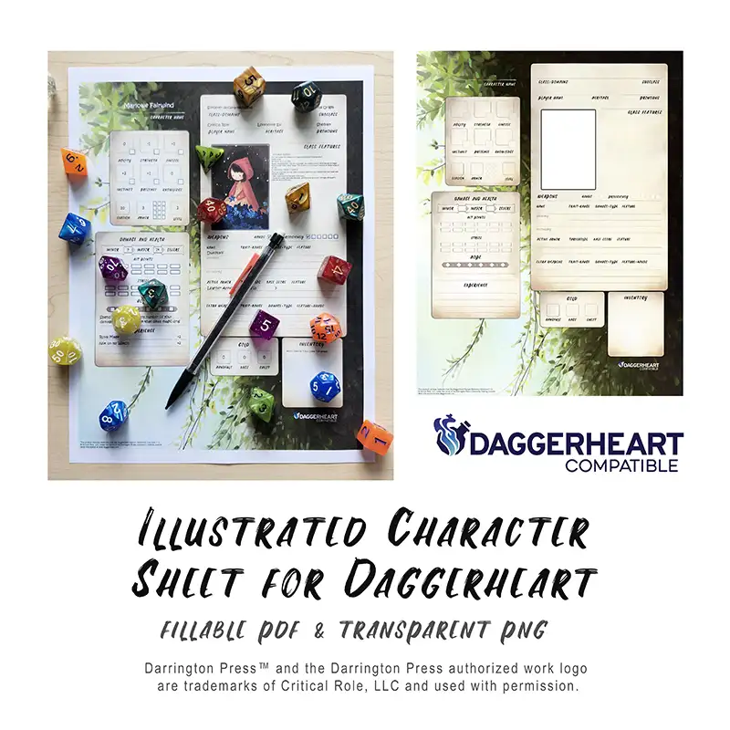 Illustrated Character Sheet for Daggerheart – Fillable PDF + PNG