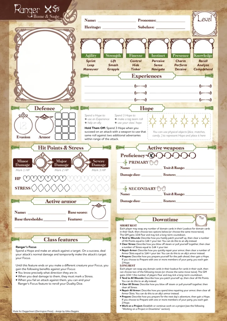 Character Sheet / Feuille de personnage – Art Nouveau