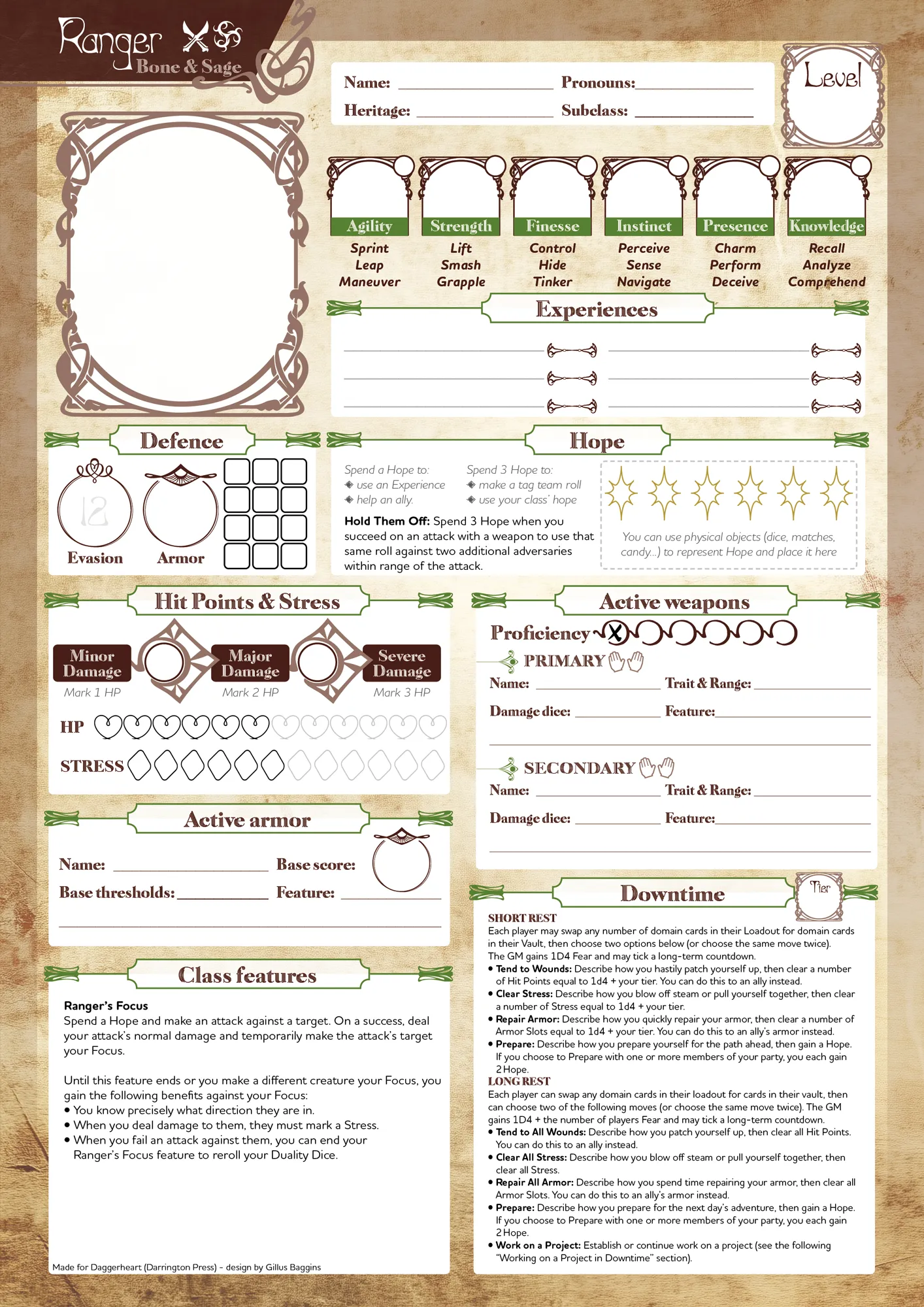 Character Sheet / Feuille de personnage – Art Nouveau