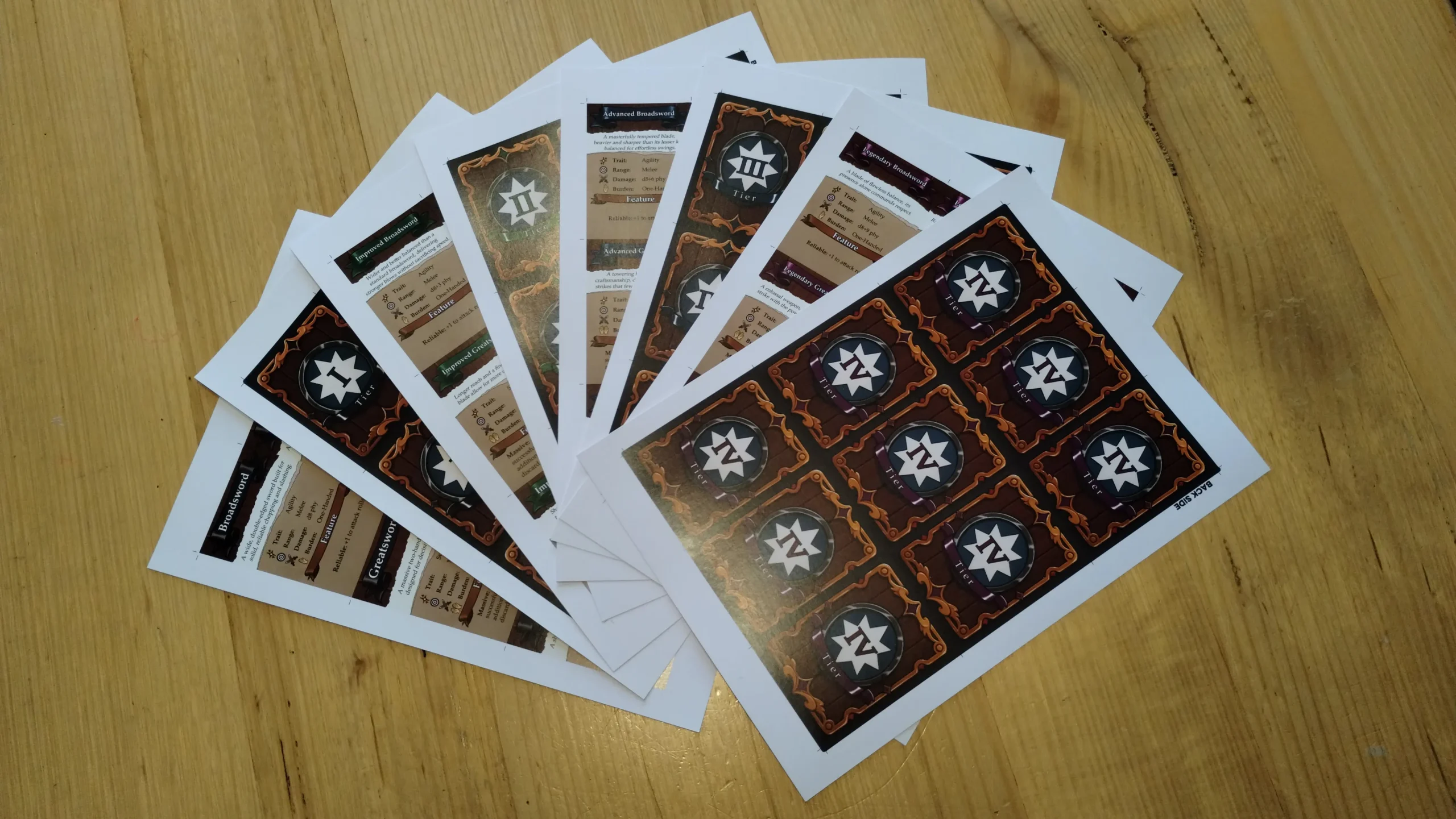 Daggerheart Weapon Cards, Tier 1, Tier 2, Tier 3 and Tier 4 for printing and cutting out.